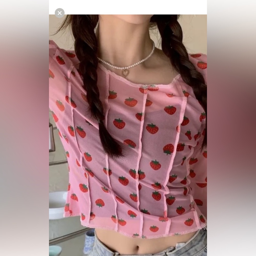 Vintage O-Mighty Y2K Pink Mesh Top with Strawberry Design